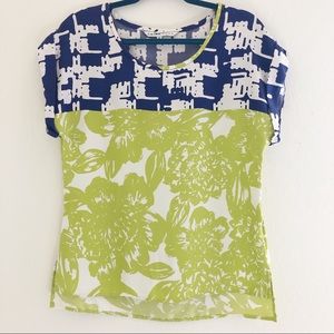 Trina Turk Silk Abstract Print Blue Green Blouse size Small